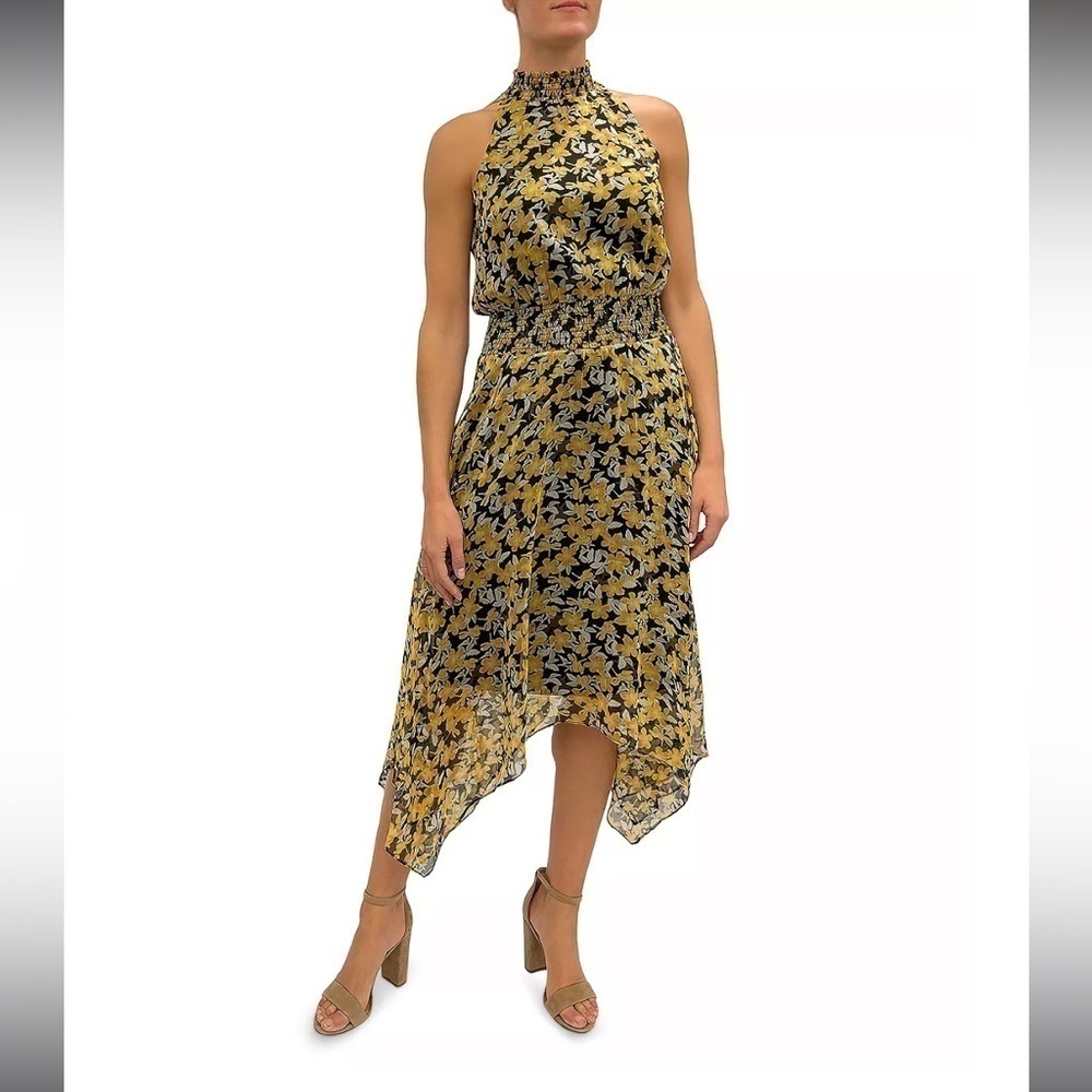 Sam Edelman Floral Yellow and Black Smocked High Waist Dress 8